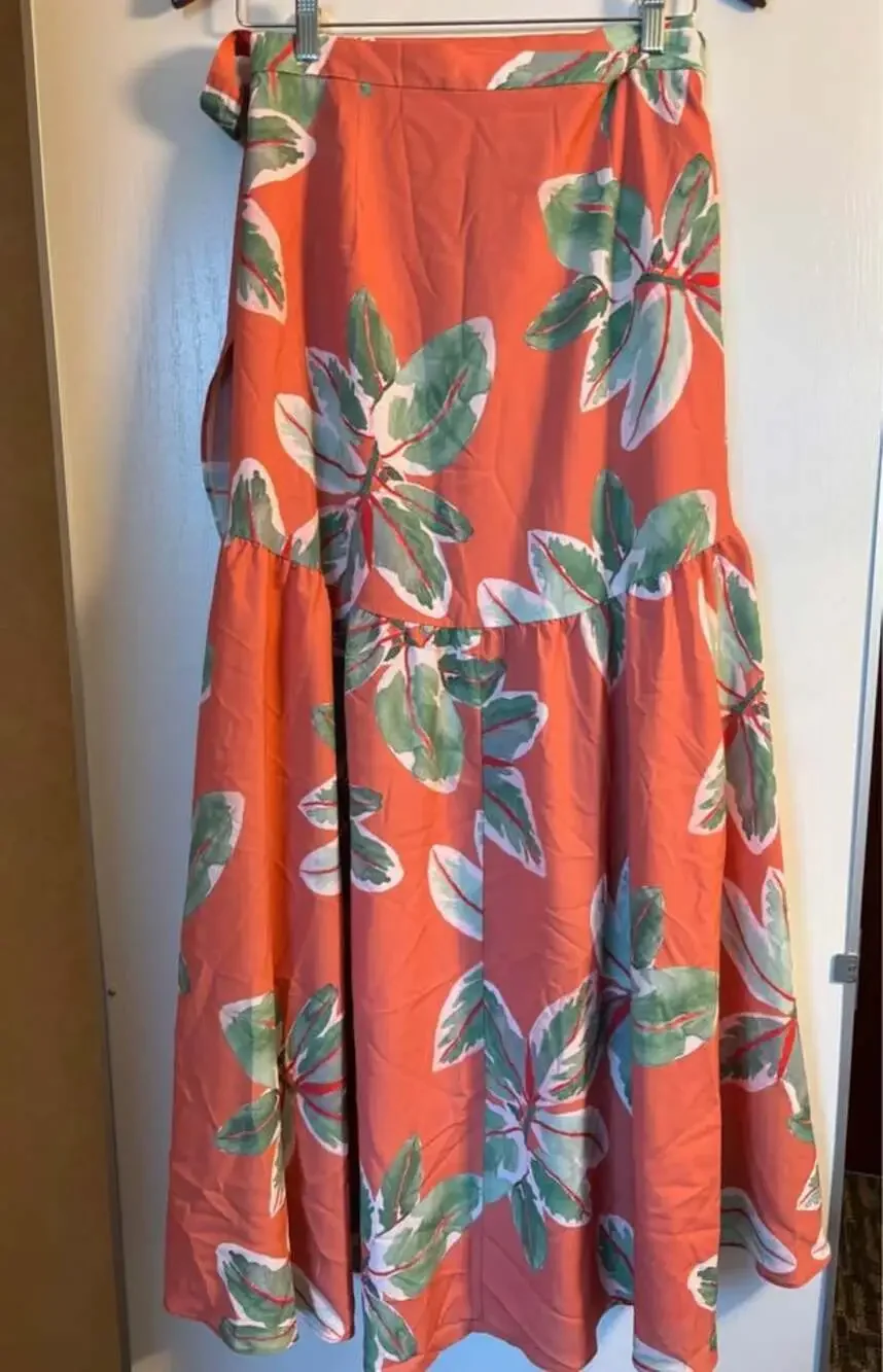 NWT Anthropologie Hutch Tropical Palm Leaf Printed Wrap Maxi Skirt Size Large